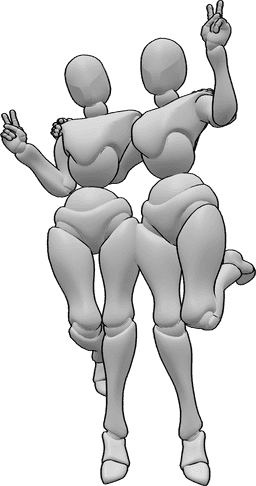 Riferimento alle pose- Amicizie femminili in posa - Due femmine saltano e si mettono in posa, facendo segni di pace con le mani