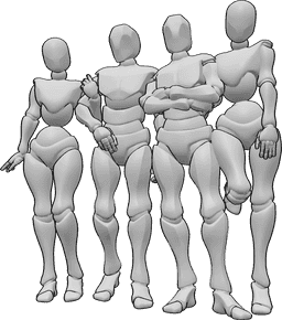 Référence des poses- Pose d'un groupe d'amis - Des amis masculins et féminins se tiennent debout et prennent la pose, pose de groupe d'amis