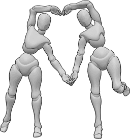Riferimento alle pose- Amici in posa simpatica - Due amiche sono in piedi l'una accanto all'altra e formano un cuore con le braccia.