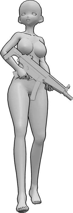 Referência de poses- Pose de caminhada com arma na mão - Uma mulher de anime está a caminhar enquanto segura uma arma com as duas mãos