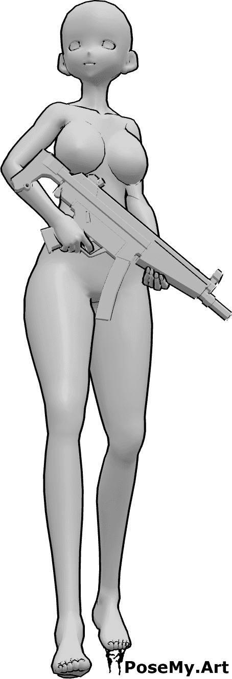 Referência de poses- Pose de caminhada com arma na mão - Uma mulher de anime está a caminhar enquanto segura uma arma com as duas mãos