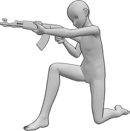 Referência de poses- Pose de ajoelhado a apontar a arma - O homem anime está ajoelhado, segurando a arma com as duas mãos e apontando