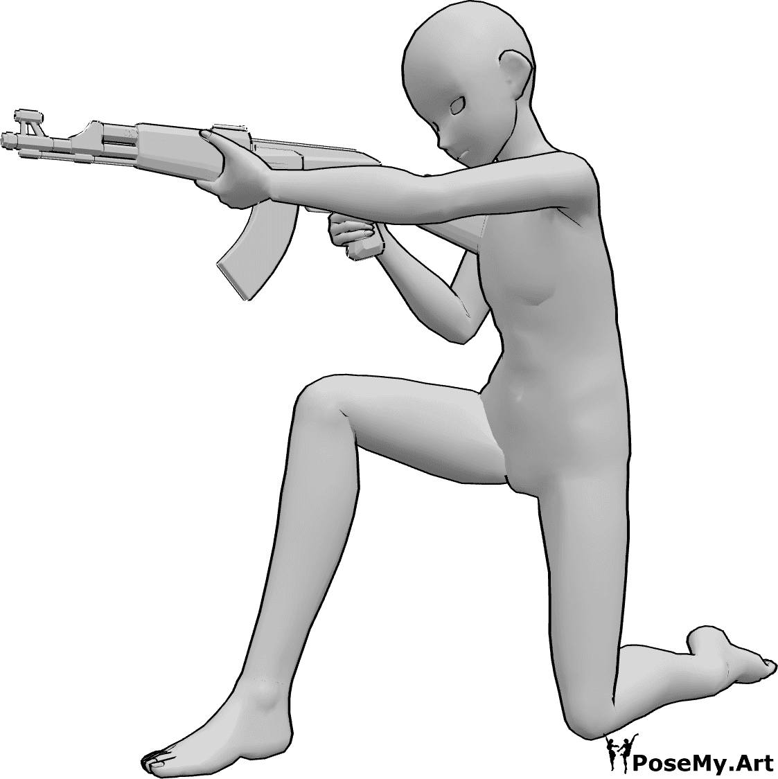 Pose Reference- Kneeling aiming gun pose - Anime male is kneeling, holding his gun with both hands and aiming