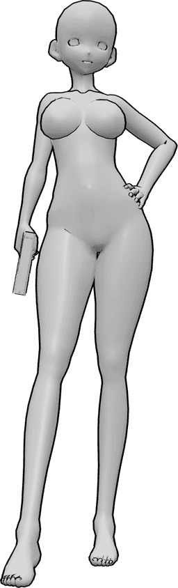 Référence des poses- Debout, en tenant une arme à feu - Une femme animée se tient debout, la main gauche sur la hanche et tenant un pistolet dans la main droite.