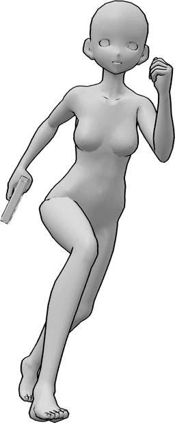 Referência de poses- Pose de corrida com arma na mão - Uma mulher de anime está a correr, segurando uma arma na mão direita