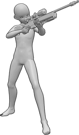 Referencia de poses- Postura de pistola apuntando de pie - Anime masculino está de pie, sosteniendo un francotirador con ambas manos y apuntando
