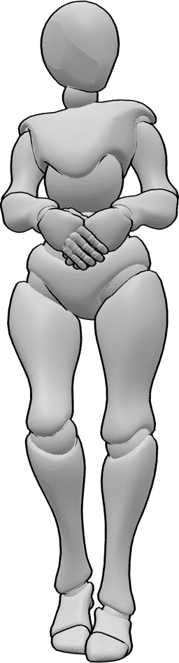 Referencia de poses- Mujer tímida de pie - Mujer tímida está de pie, cogida de las manos y mirando a la izquierda