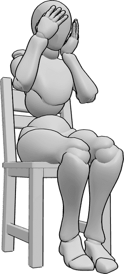 Posen-Referenz- Schüchternes Weibchen in sitzender Pose - Die schüchterne Frau sitzt auf dem Stuhl und bedeckt ihr Gesicht mit den Händen