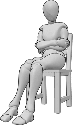 Riferimento alle pose- Posizione seduta timida - La donna timida è seduta sulla sedia, ha le braccia incrociate e guarda a sinistra.