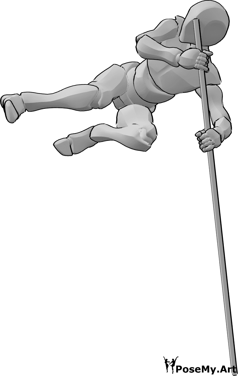 Referencia de poses- Postura de salto masculina - El macho salta alto y da patadas mientras se apoya en la pose del bastón