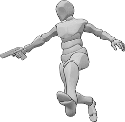 Referencia de poses- Postura de pistola dinámica masculina - Hombre corriendo y saltando, con una pistola en la mano derecha.