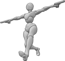 Referência de poses- Pose de arma dinâmica feminina - Mulher a correr e a saltar, segurando armas com as duas mãos