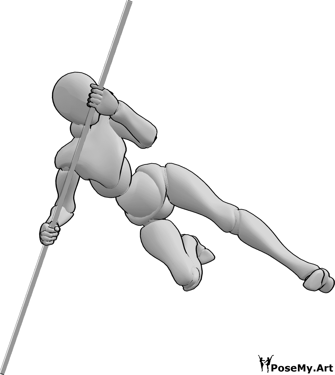 Posen-Referenz- Weibliche Sprünge Pose - Frau springt hoch und kickt, während sie sich auf den Stab stützt
