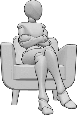 Riferimento alle pose- Posa seduta femminile - La donna è seduta in poltrona, piega le braccia e guarda a sinistra.