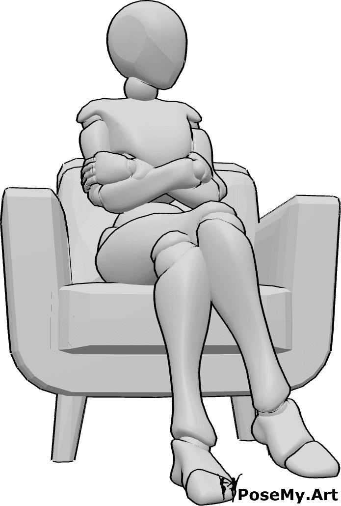 Pose Reference- Female sitting pose - Female is sitting in the armchair, folding her arms and looking to the left