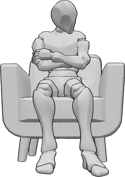 Referencia de poses- Postura sentada masculina - El hombre está sentado en el sillón, cruzado de brazos y mirando hacia abajo.