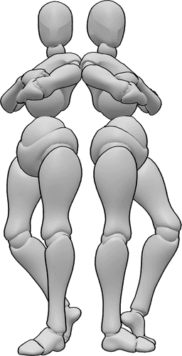 Referencia de poses- Postura de mujer con los brazos cruzados - Dos mujeres se apoyan la una en la otra con los brazos cruzados y posando