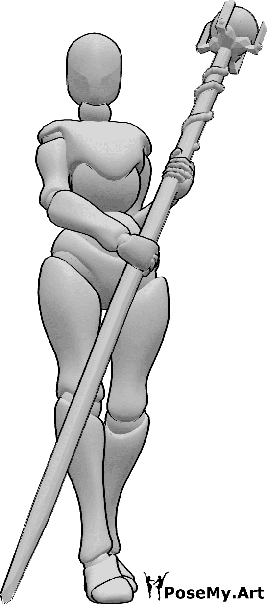 Pose Reference- Female sorcerer standing pose - Female sorcerer is standing and holding a magic staff with both hands