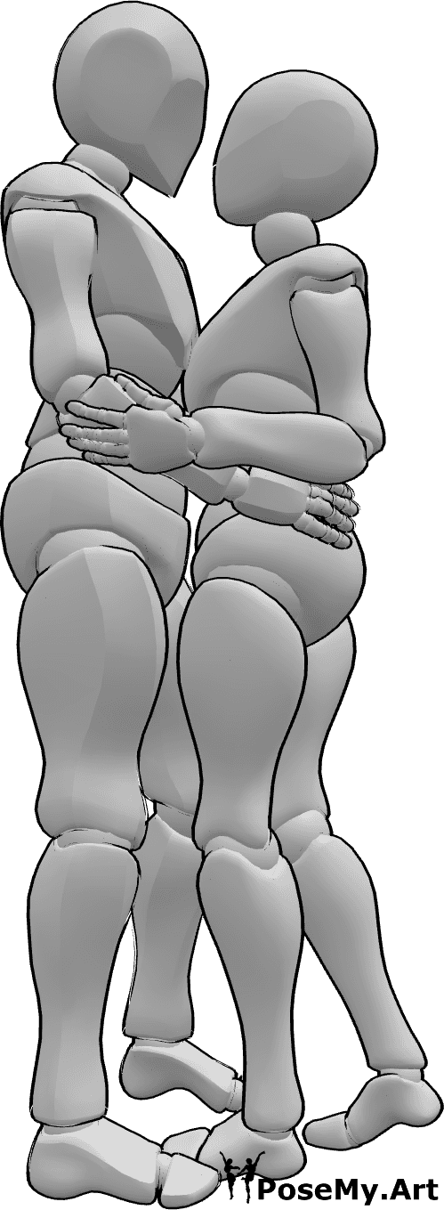 Referencia de poses- Postura de abrazo romántico - Pareja de mujer y hombre posan abrazados románticamente