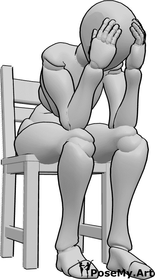 Référence des poses- Femme assise - La femme est assise sur la chaise, penchée en avant et se tenant la tête à deux mains.