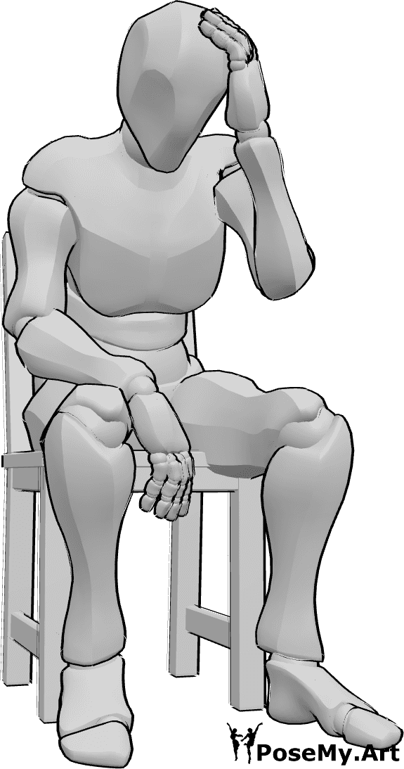 Pose Reference- Male sitting pose - Male is sitting on the chair, looking down and holding his head with his left hand