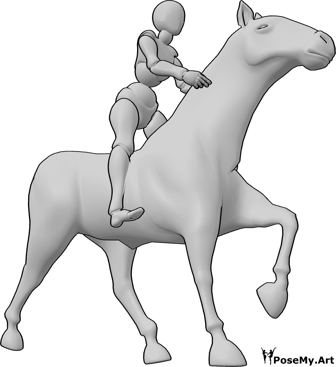 Referência de poses- Pose de equitação em pé - Mulher a montar um cavalo, de pé e a segurar o cavalo com as duas mãos