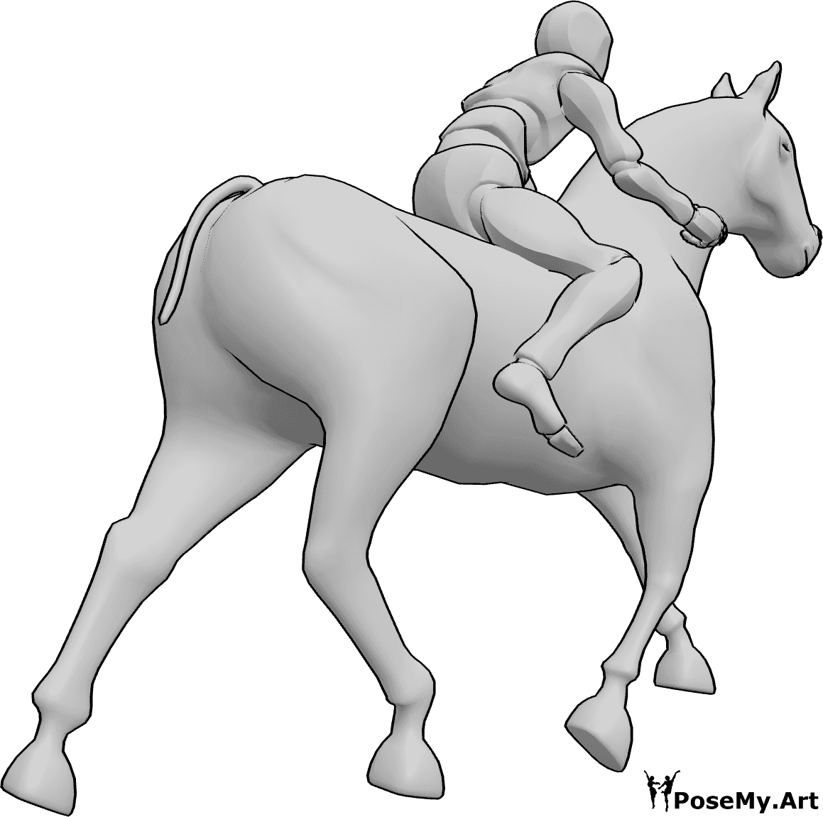 Referência de poses- Pose de equitação masculina - Homem está a montar, segurando o cavalo com as duas mãos, pose de equitação masculina