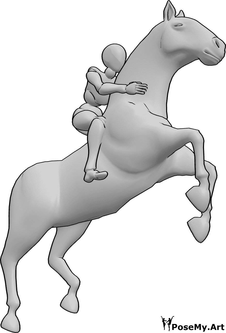 Référence des poses- Pose de saut d'obstacles à cheval - Femme à cheval et sautant haut avec le cheval, pose de femme à cheval