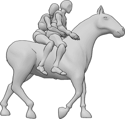 Referência de poses- Casal em pose de equitação - Mulher e homem andam juntos a cavalo, a mulher abraça o homem