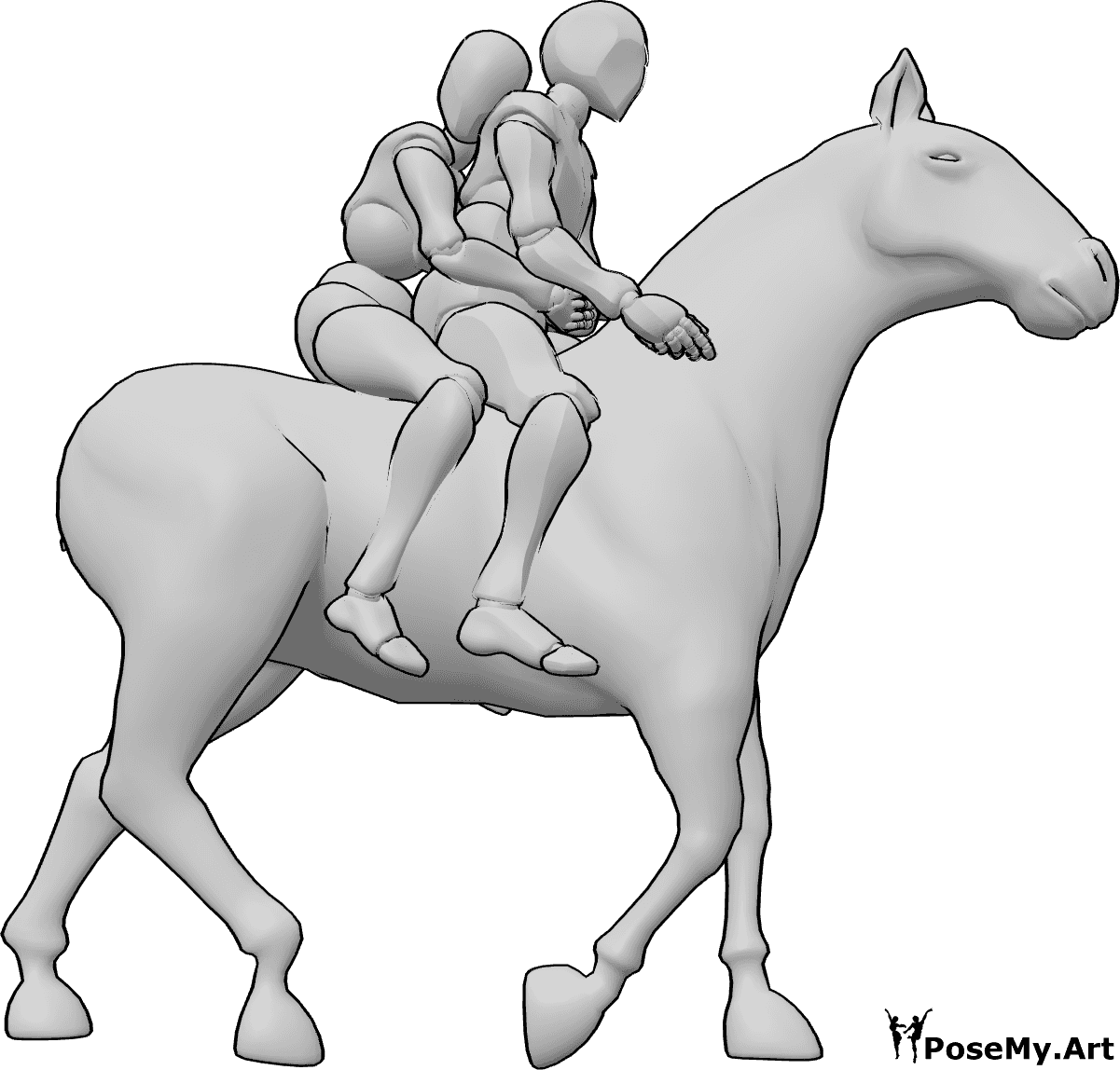 Referencia de poses- Pareja a caballo pose - Mujer y hombre montan juntos a caballo, la mujer abraza al hombre