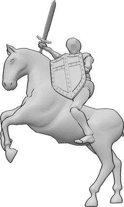 Referencia de poses- Cabalgando, manteniendo pose de espada - Varón montado a caballo, con un escudo en la mano izquierda y una gran espada en la derecha.