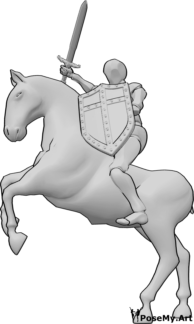 Referencia de poses- Cabalgando, manteniendo pose de espada - Varón montado a caballo, con un escudo en la mano izquierda y una gran espada en la derecha.