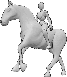 Pose Reference- Female riding pose - Female is riding, holding the horse with one hand and looking to the left