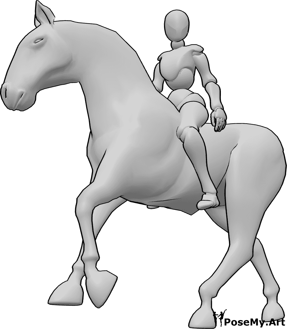 Referência de poses- Pose de equitação feminina - Mulher a montar, segurando o cavalo com uma mão e olhando para a esquerda