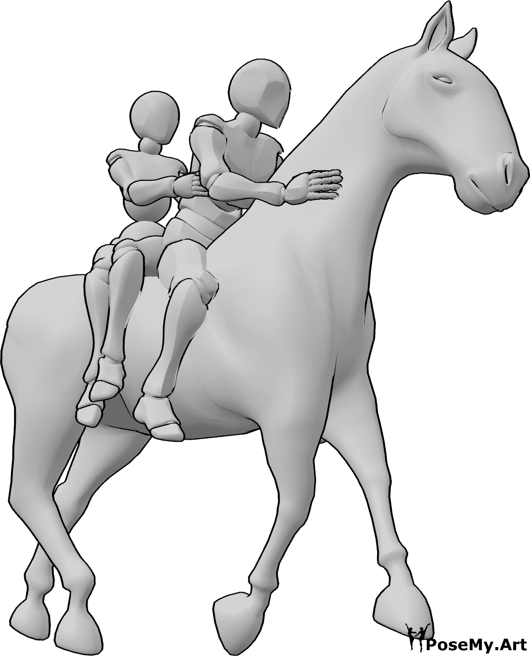 Referencia de poses- Postura de equitación femenina masculina - Mujer y hombre están montando a caballo juntos, pose de pareja montando a caballo