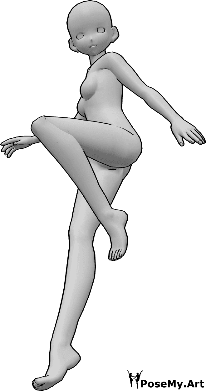 Pose Reference- Manga dynamic jumping pose - Anime female is jumping, raising her left knee and looking down