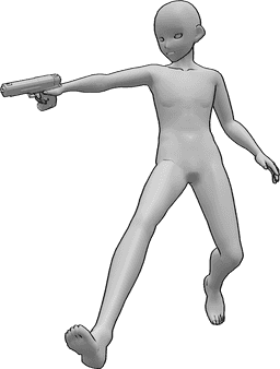 Pose Reference- Manga aiming pose - Anime male is running and jumping, holding a gun in his right hand and aiming