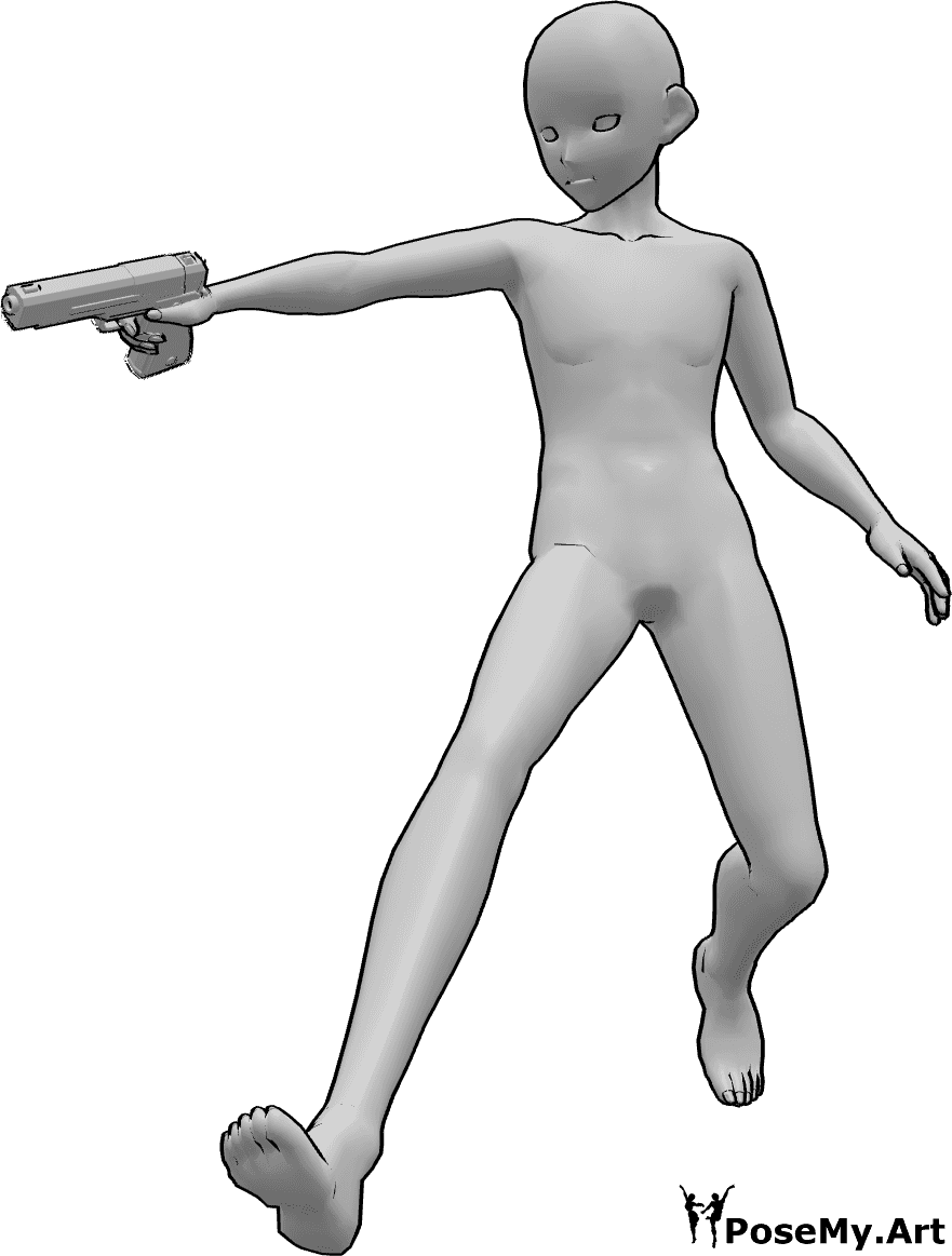 Pose Reference- Manga aiming pose - Anime male is running and jumping, holding a gun in his right hand and aiming