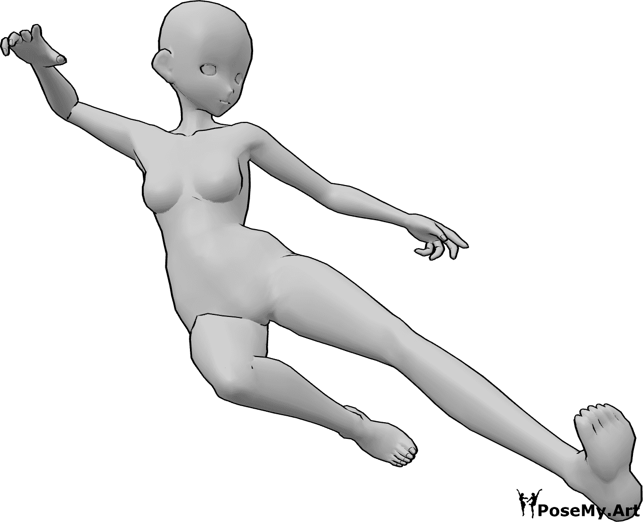 Référence des poses- Pose Manga de saut et de coup de pied - La femme animée saute et donne des coups de pied latéraux en l'air avec sa jambe gauche.