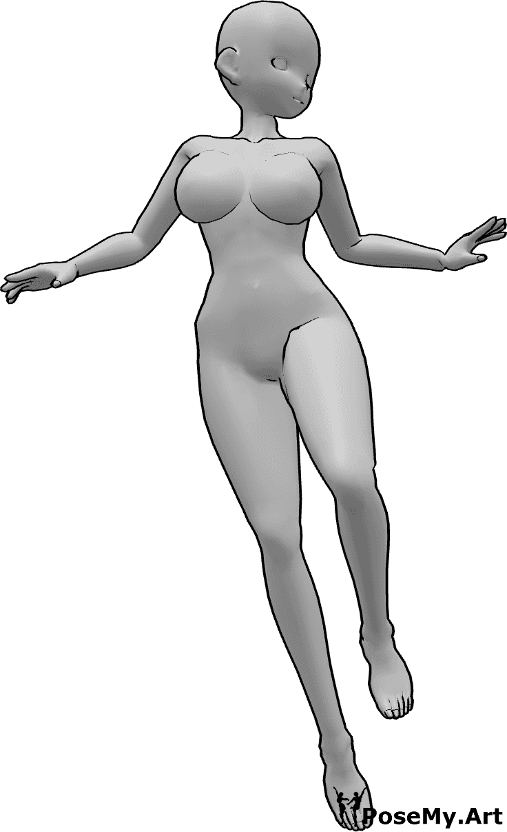 Pose Reference- Manga hovering pose - Anime female is hovering in the air and looking to the left, manga female pose