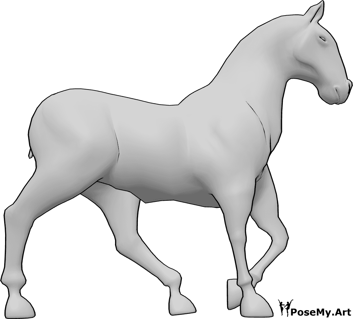 Referência de poses- Cavalo em pose elegante - O cavalo está de pé elegantemente e olha para a frente, dobrando o joelho esquerdo