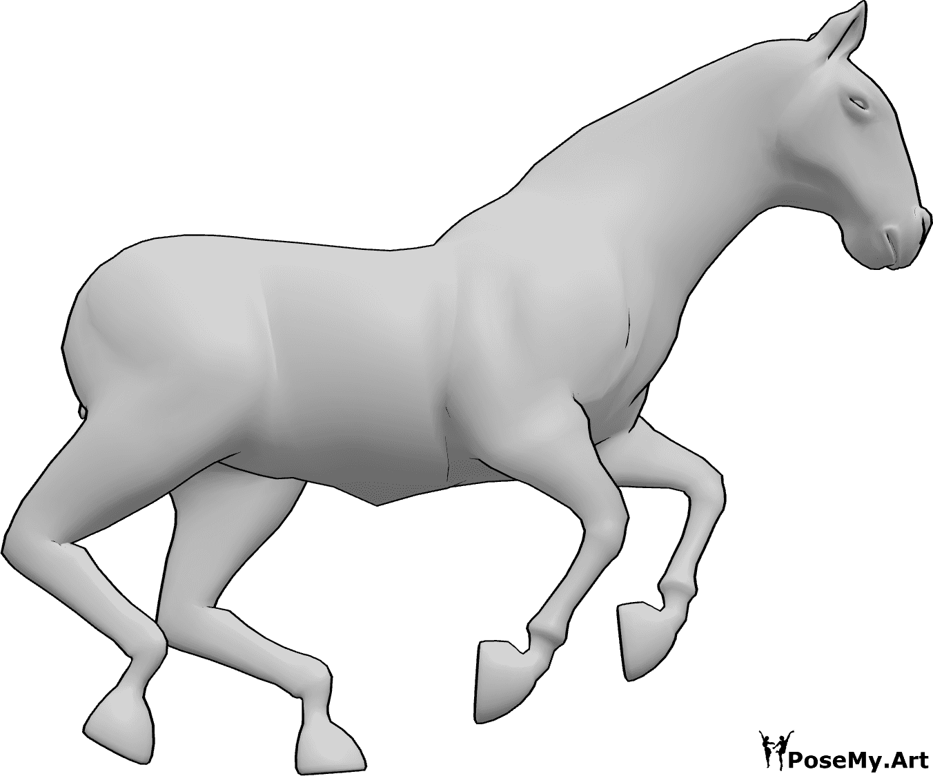 Référence des poses- Cheval au galop - Cheval au galop, regardant légèrement vers la gauche, référence de dessin de cheval