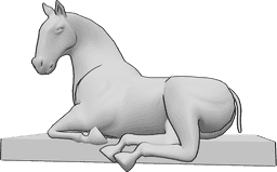 Referência de poses- Pose do cavalo deitado - O cavalo está deitado e olha ligeiramente para a esquerda, referência de desenho de um cavalo