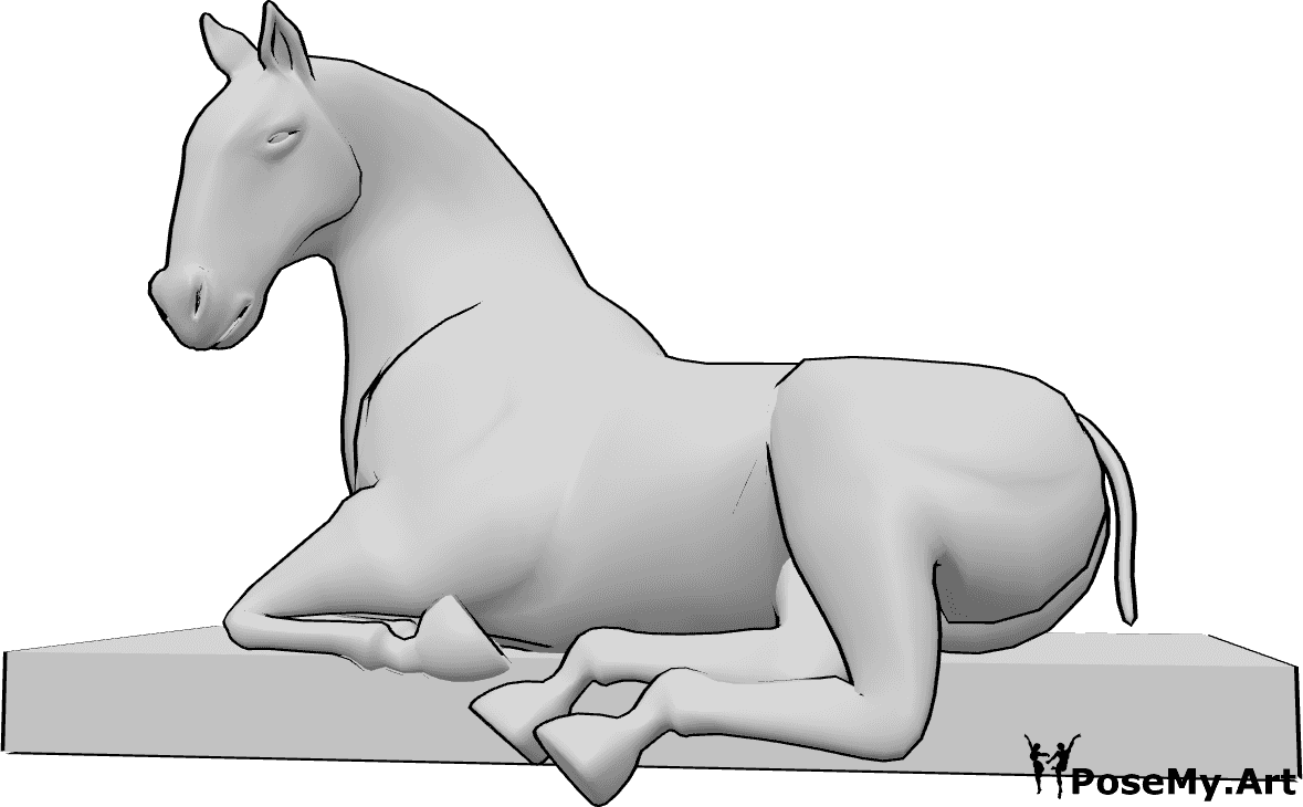 Référence des poses- Pose allongée du cheval - Le cheval est couché et regarde légèrement vers la gauche, référence du dessin de cheval