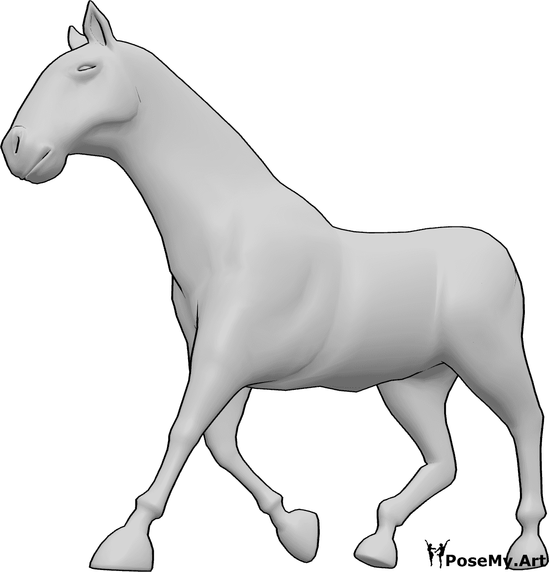 Referência de poses- Pose de trote de cavalo - Cavalo a trotar lentamente, referência de desenho de cavalo a trotar