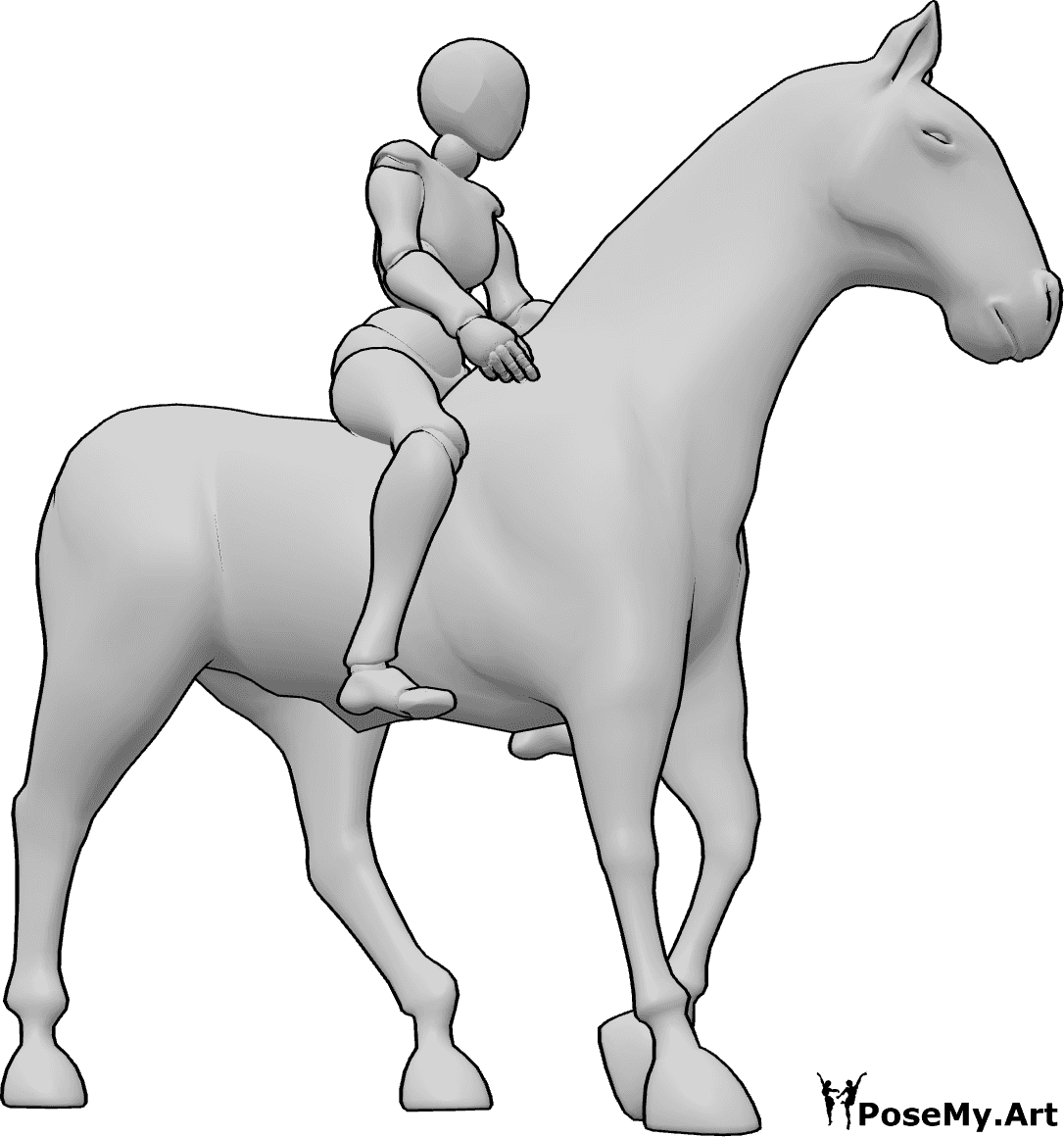 Referência de poses- Pose de uma amazona - O cavalo está de pé, a cavaleira está sentada e olha para a esquerda