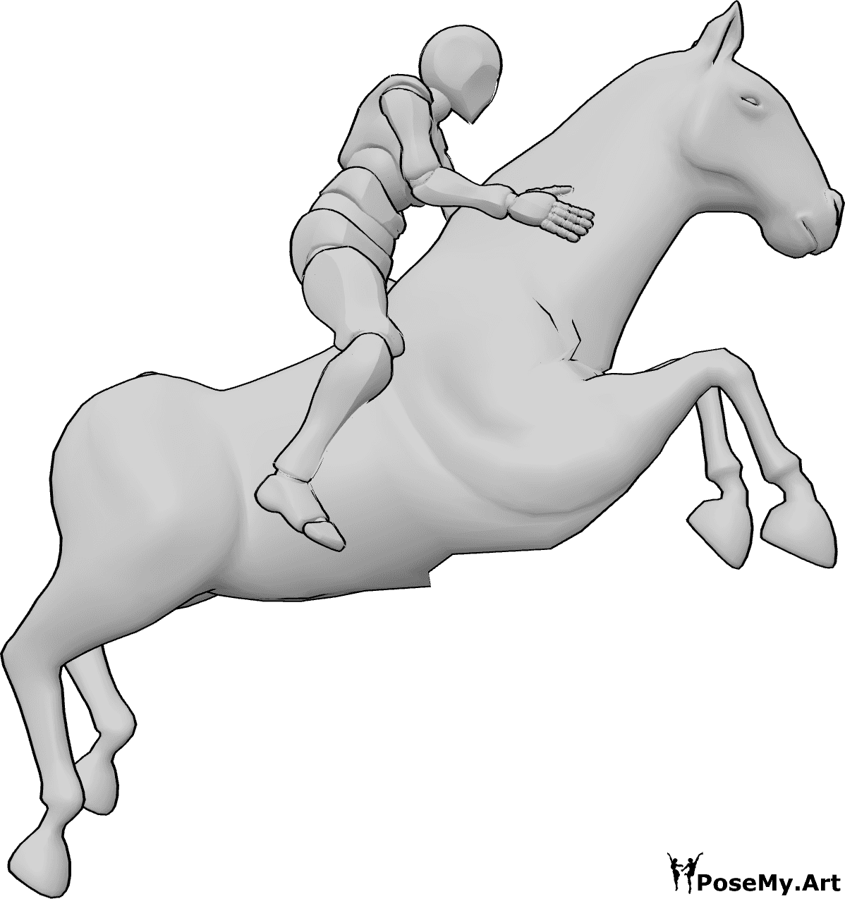 Referencia de poses- Jinete masculino en pose de salto - Hombre jinete está saltando alto con su caballo, caballo saltando pose