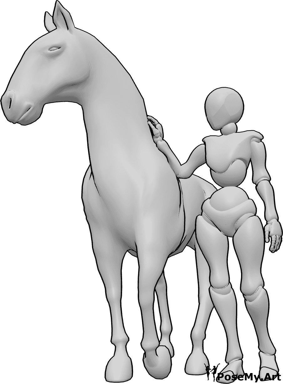 Referência de poses- Cavaleiro feminino em pose de pé - A cavaleira está de pé ao lado do cavalo, olhando para a direita