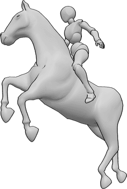 Referência de poses- Cavaleiro feminino em pose de salto - A cavaleira está a saltar com o cavalo e a olhar para a direita