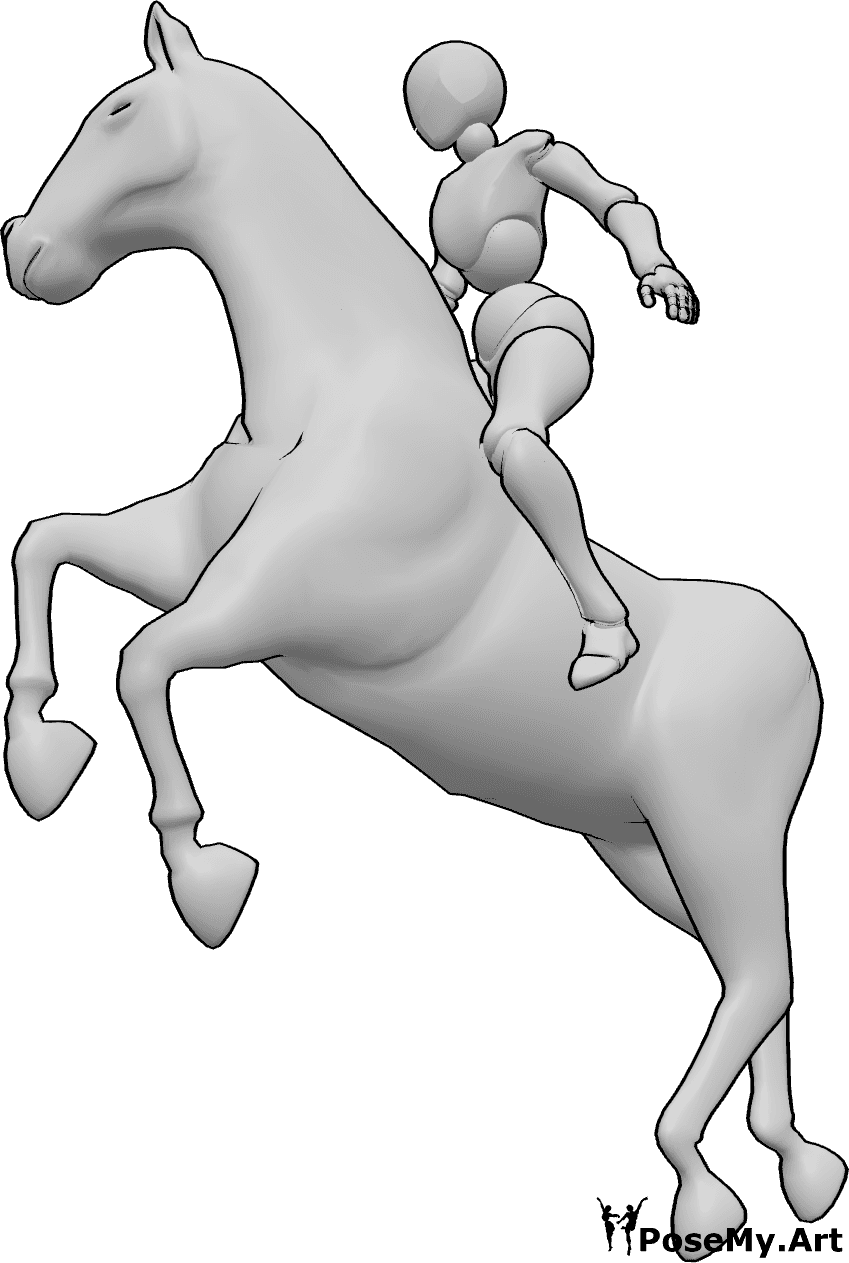 Referência de poses- Cavaleiro feminino em pose de salto - A cavaleira está a saltar com o cavalo e a olhar para a direita